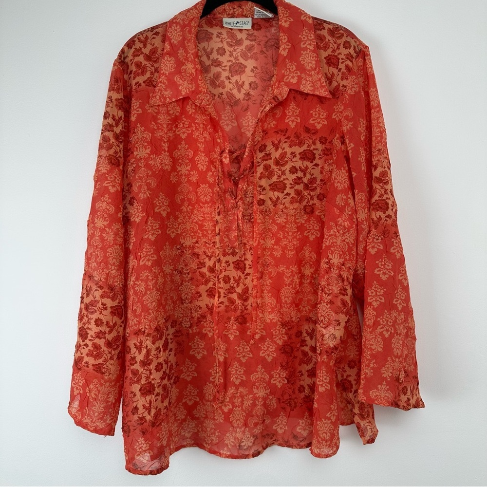 Women's Top Plus Size 14w/16w Orange Sheer Floral Textured Boho Hippie Patchwork